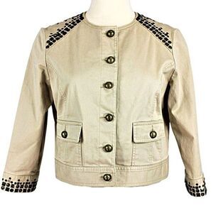 RUBY RD. Jacket Embellished 3-Quarter Sleeve Short Waist Tan Cotton Women’s 10P